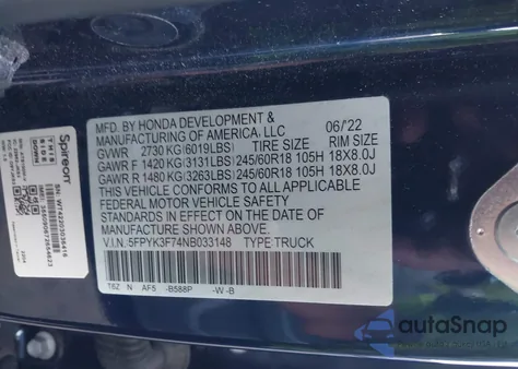 2022 Honda Ridgeline Rtl из США, поврежденный, VIN 5FPYK3F74NB033148